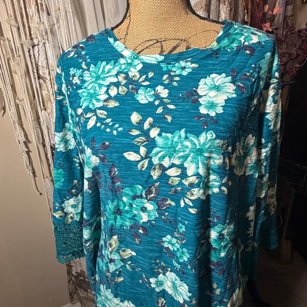 Woman Within Teal Floral Long Sleeve Top